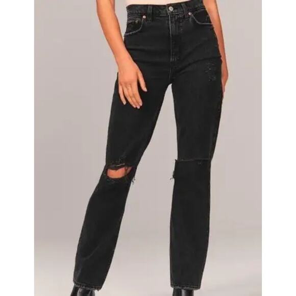 Abercrombie & Fitch Ultra High Rise Ankle Straight Jeans Black Distressed 28/6 - Picture 1 of 10